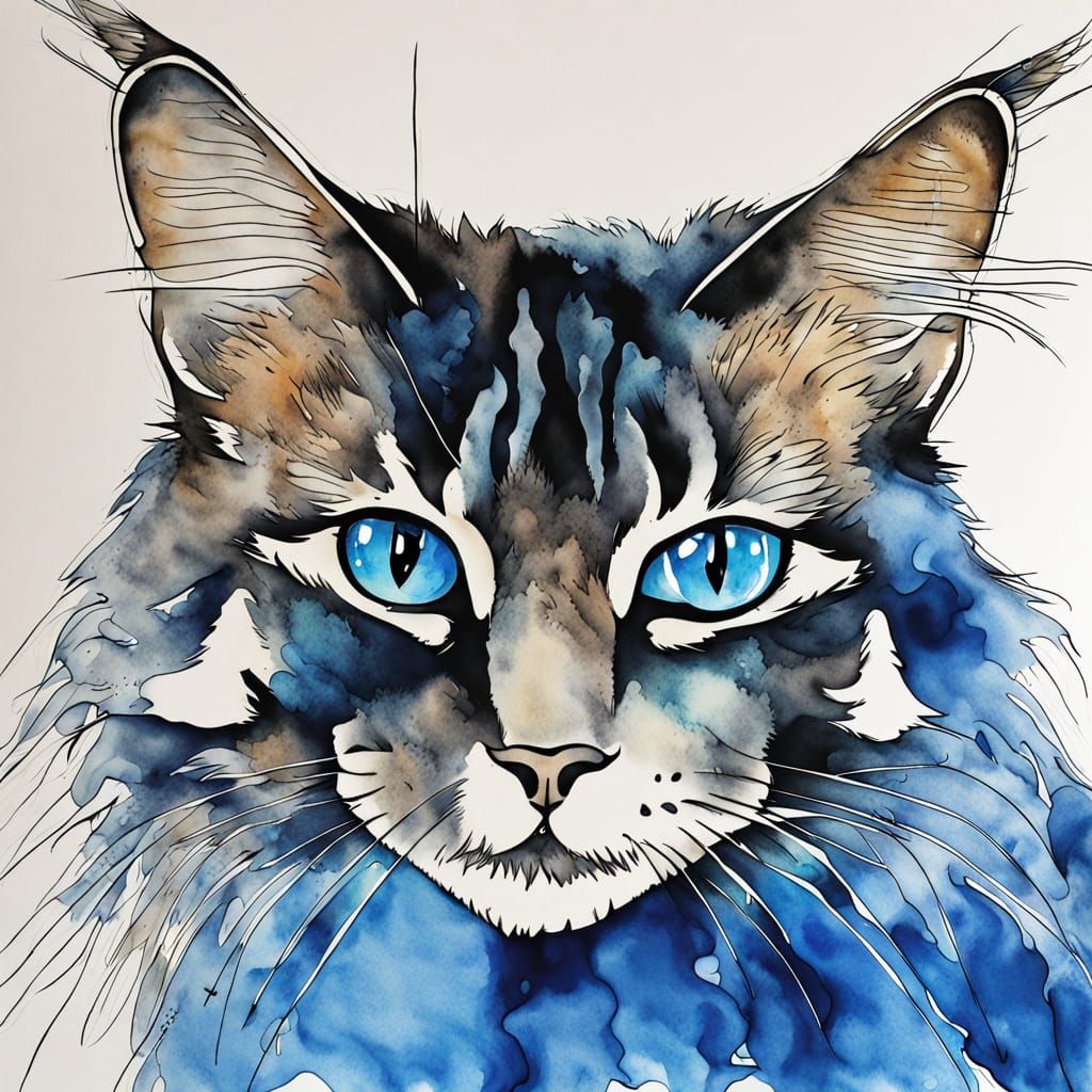 Minimalist Blue Ink Drawing of a Maine Coon Cat