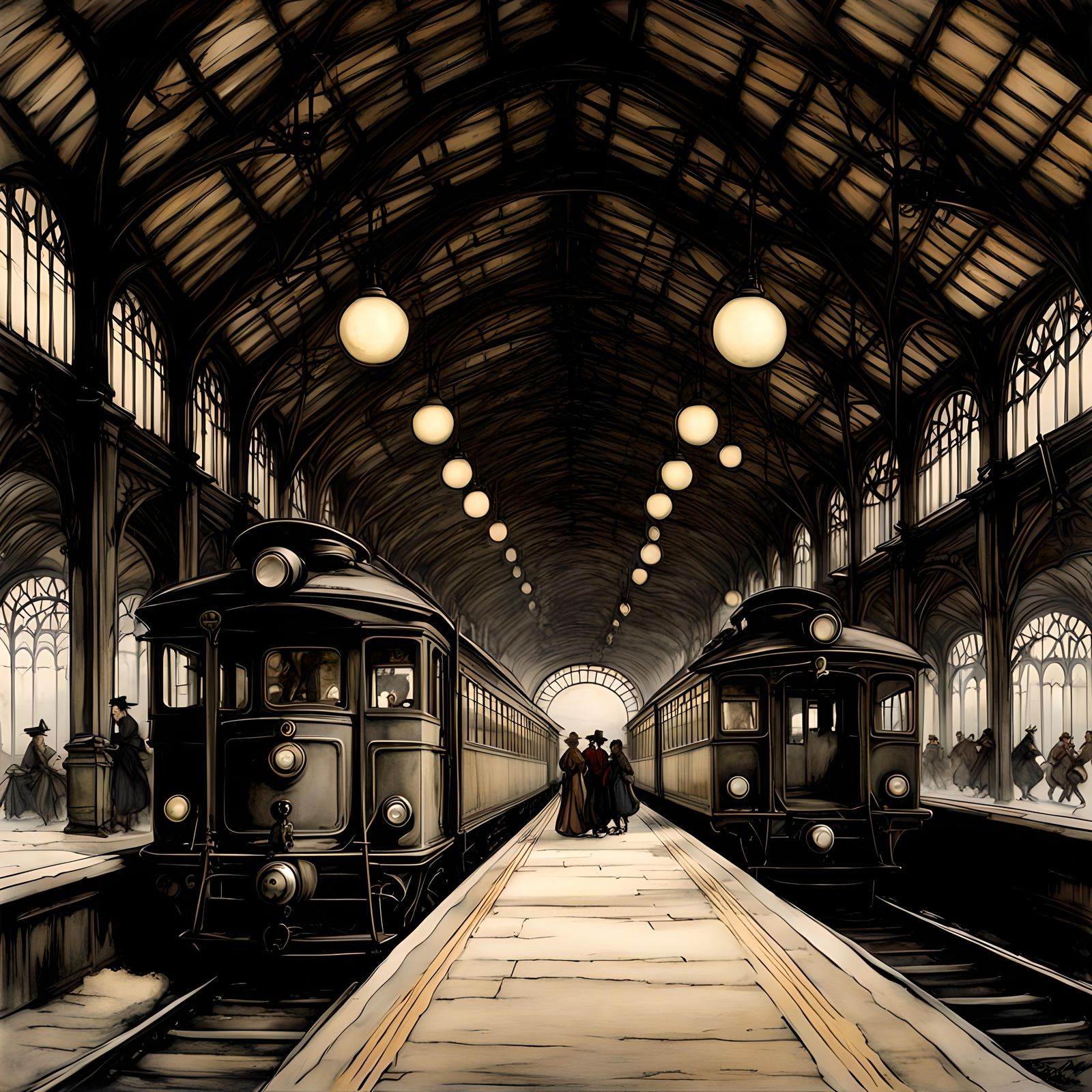 Train station,  By arthur rackham, by tim  burton