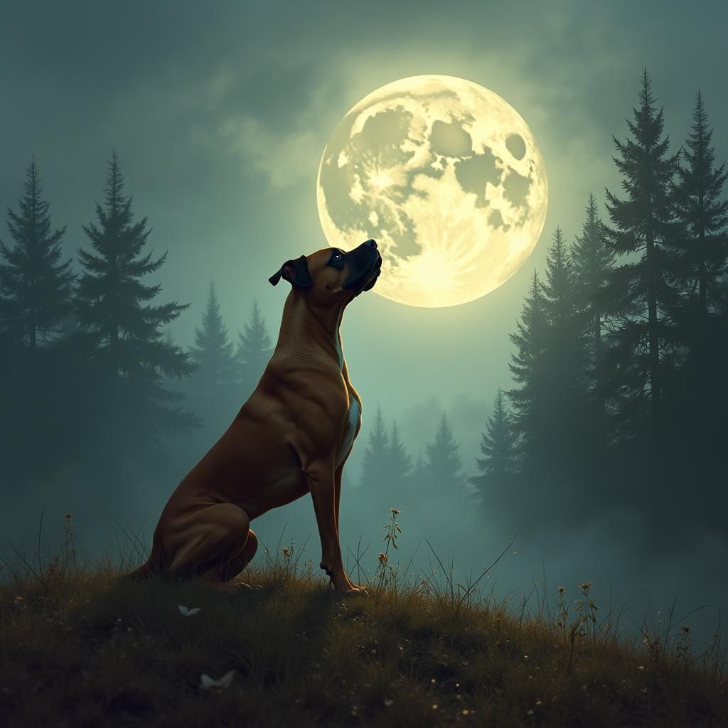 Boxer Dog Howling at Moon in Rural Landscape