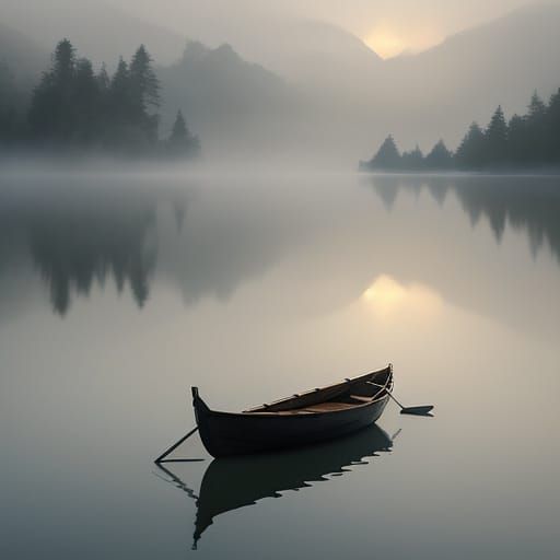 Wooden Boat in Morning Mist