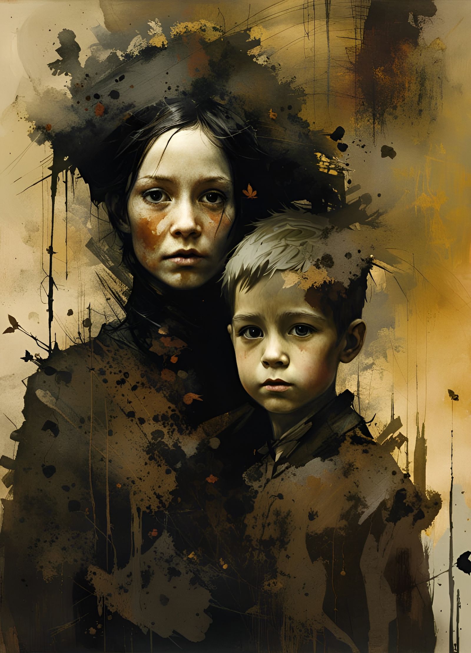 Creepy Portrait of Mother and Son in Mixed Media