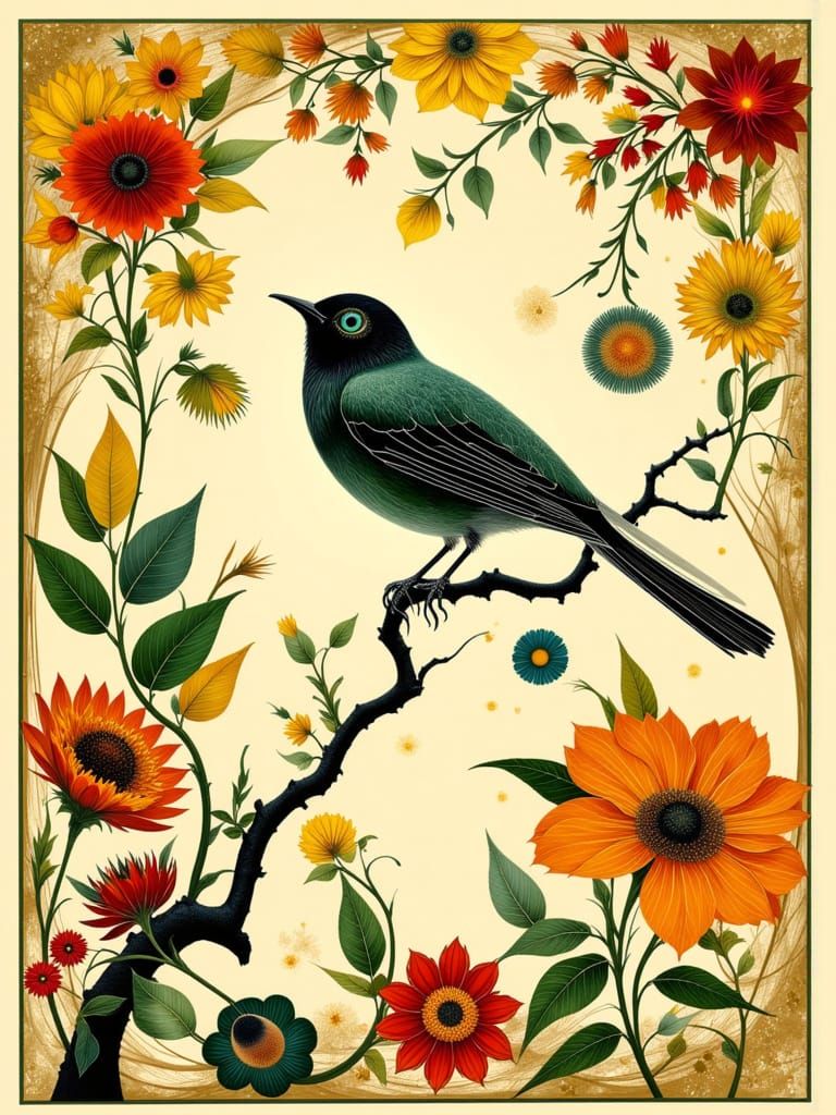 Art Nouveau Songbird in Floral Panel