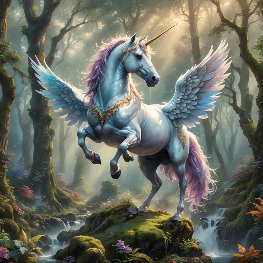 Winged Unicorn in Ethereal Fantasy Forest