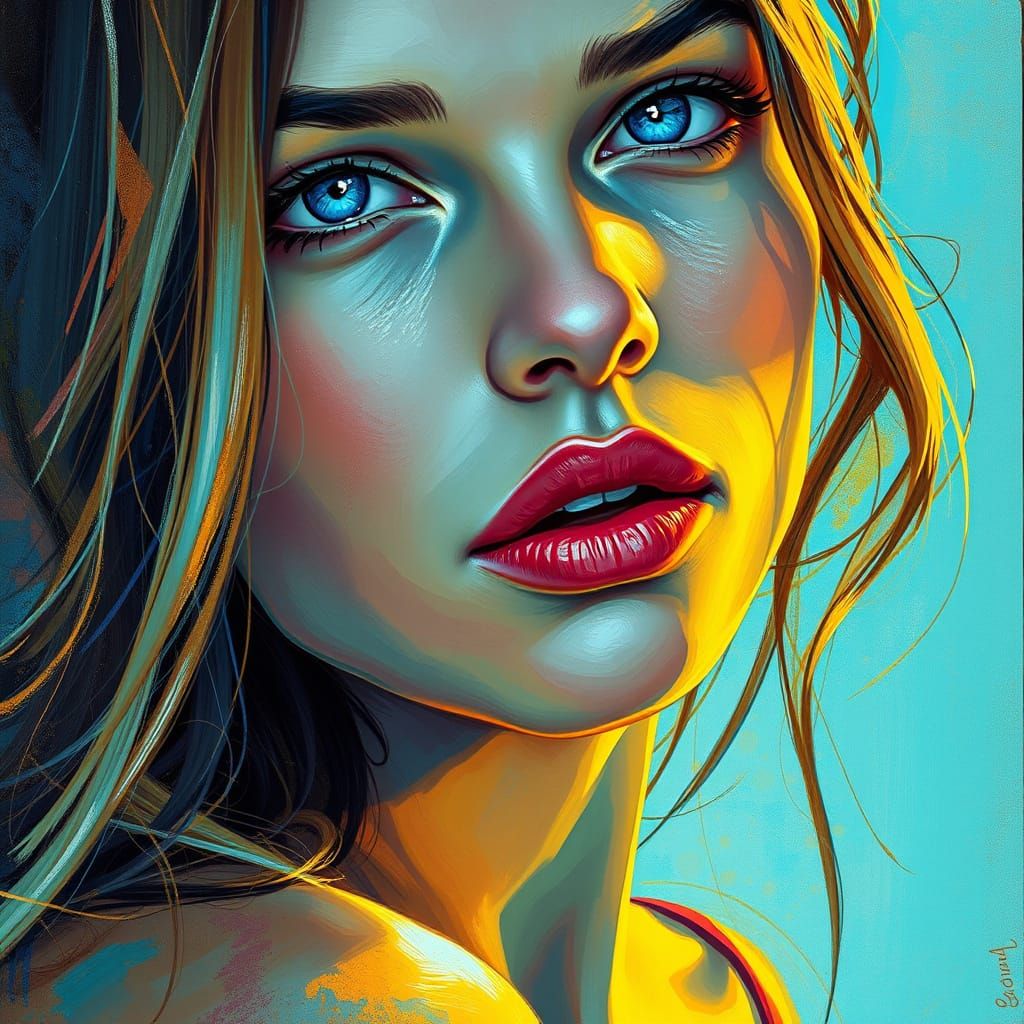 Woman with Blue Eyes in Soft Oil Painting Style