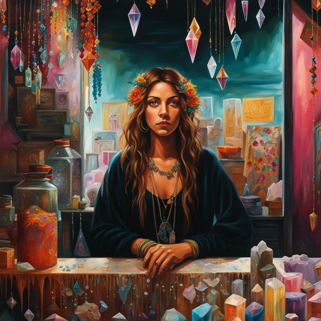 Attractive Hippie Surrounded by Crystals in Graffiti Art