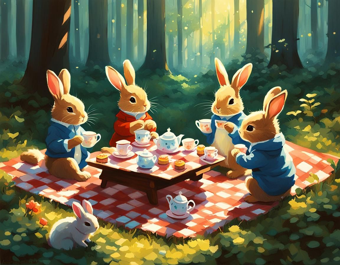 Baby Bunnies Tea Party in Magical Forest as Acrylic Painting