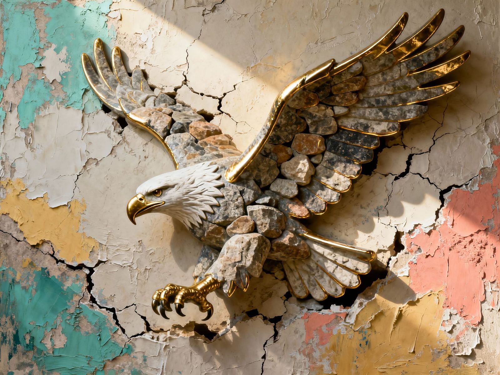 Stone Eagle Breaking Through Wall With Gold Accents