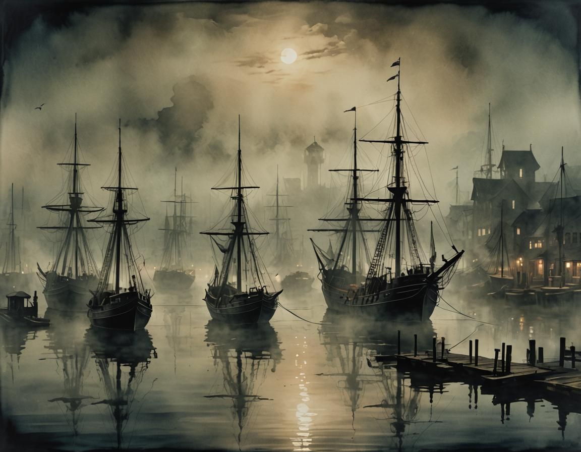 Ethereal Twilight Whispers at a Foggy Harbor