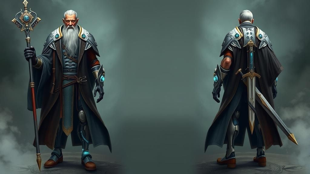 Cyborg Wizard Character Sheet in Industrial Mystical Style