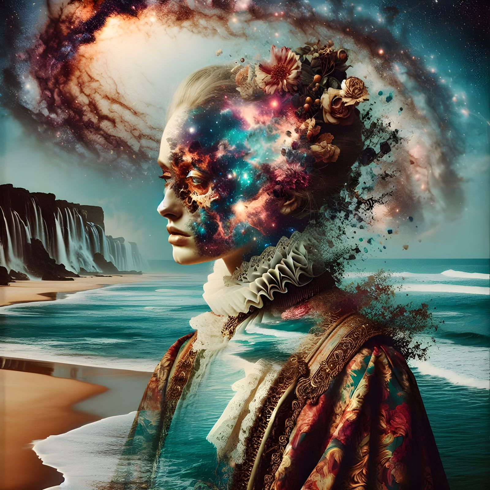 Surreal Baroque Goddess in Infinite Waterfall Abyss