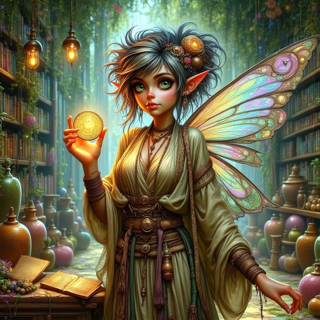 Ethereal Fairy with Gold Coin in Hand, in High-Fantasy Unrea...