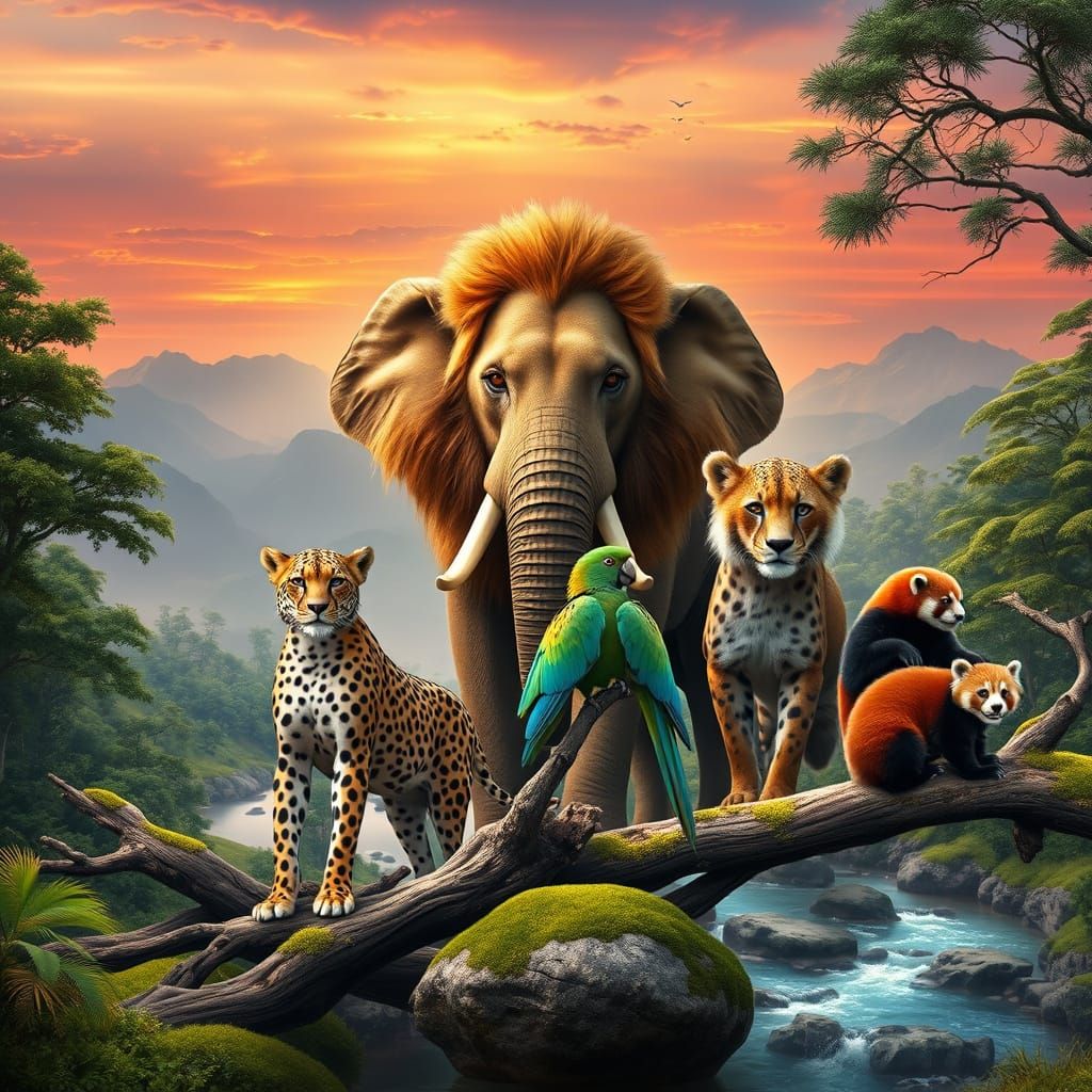 A realistic digital painting of five different animals from various habitats, standing together in a scenic natural envi...