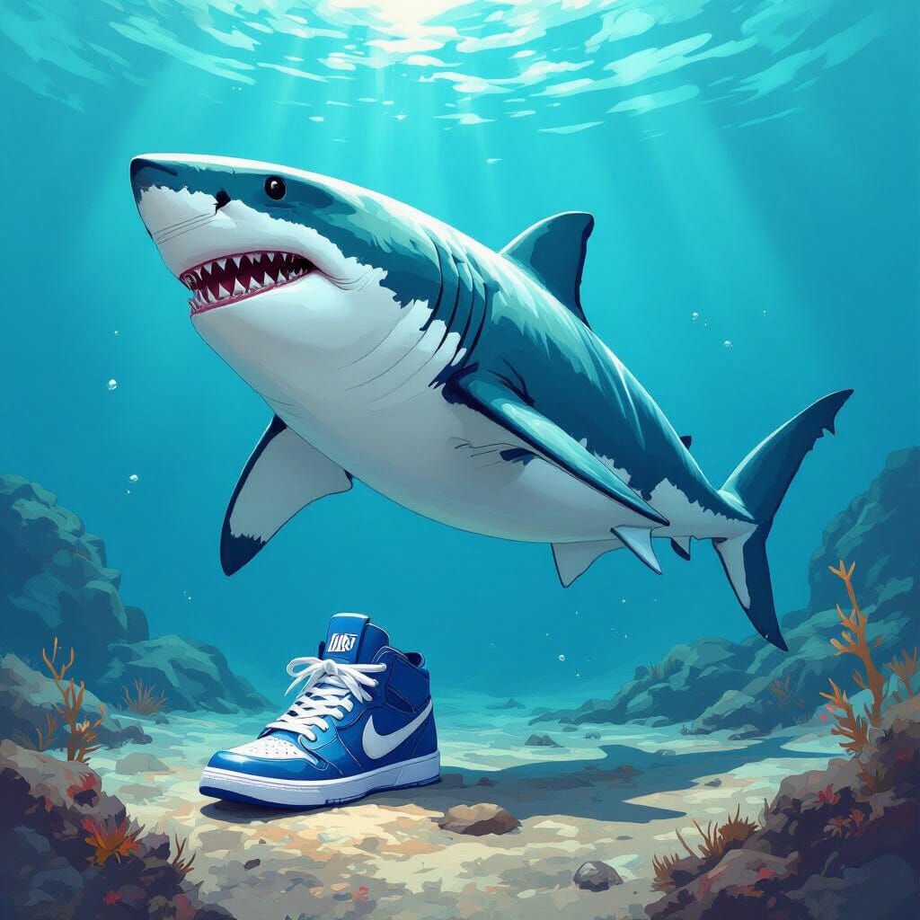 Shark in Sneakers on Ocean Floor, in Futuristic Style