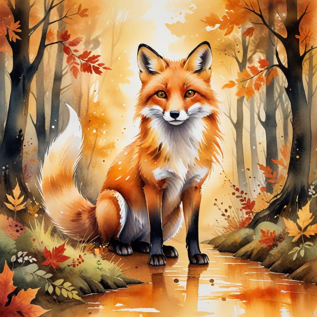 Fox in Enchanted Autumn Forest, Watercolour Style