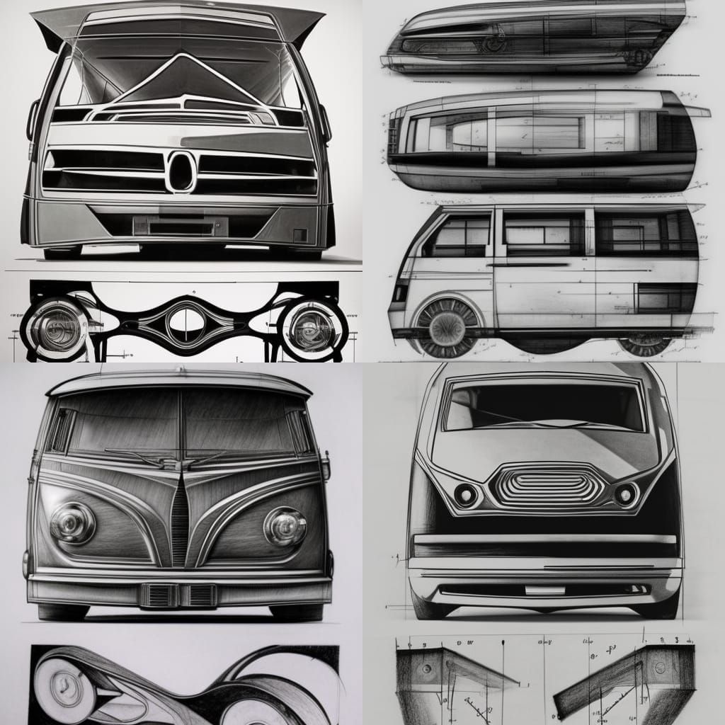 Futuristic Van Car in DaVinci Style Charcoal Drawing