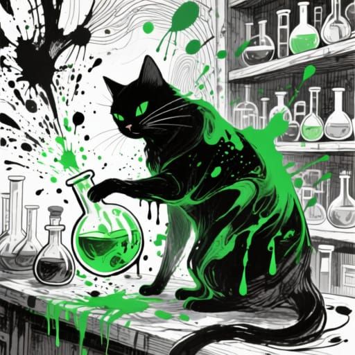 Cat Chaos in Alchemy Shop - Mixed Media Art