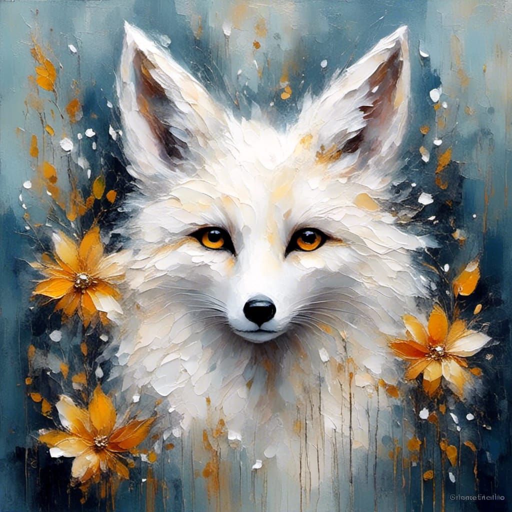 Whimsical Oil Painting of a White Fox