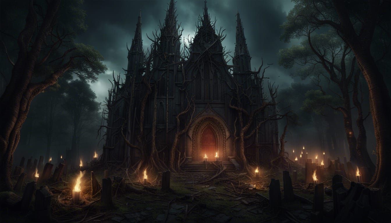 Dark Fantasy Church and Angry Mob in Forest