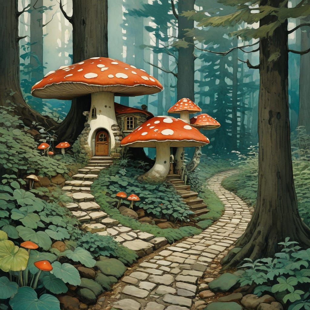 Fairy Tale Cottage Amidst Whimsical Forest Landscape