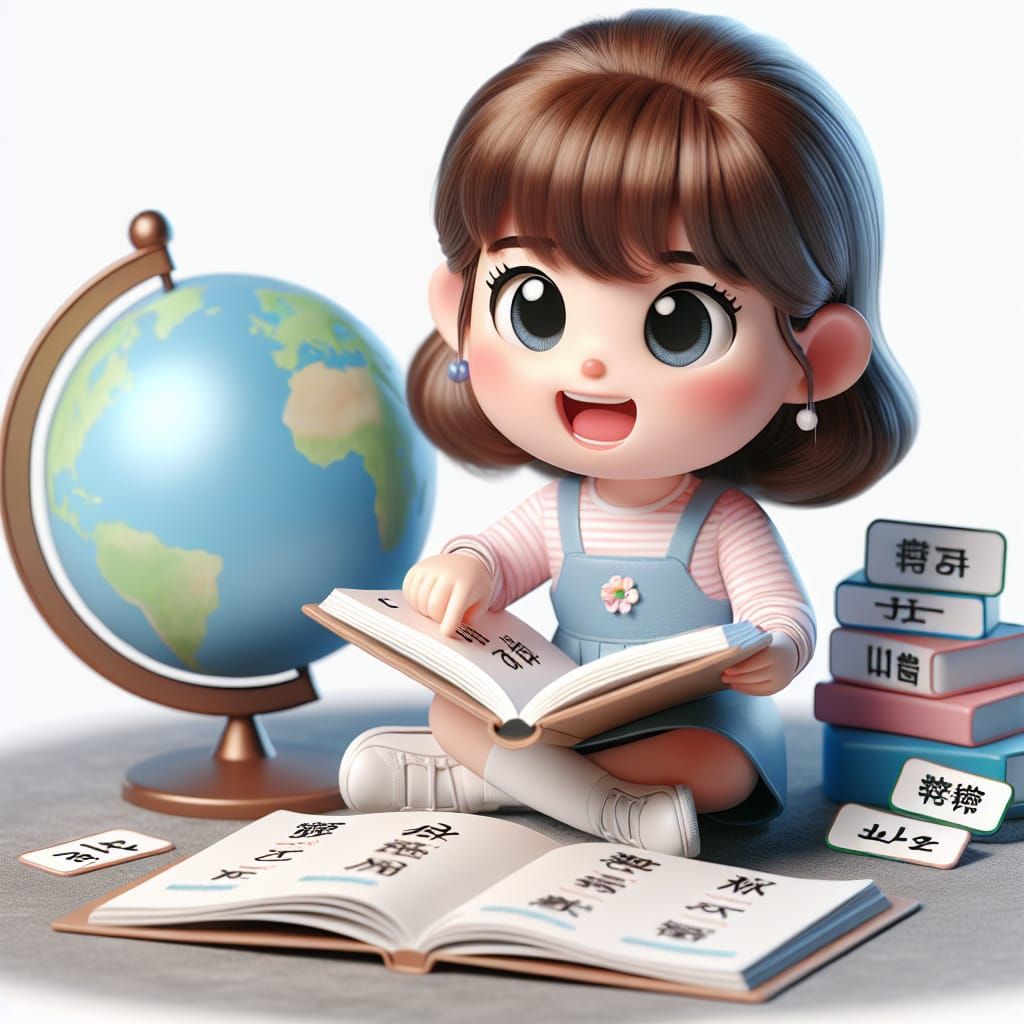 Disney Pixar style 3D little girl leaning a new language