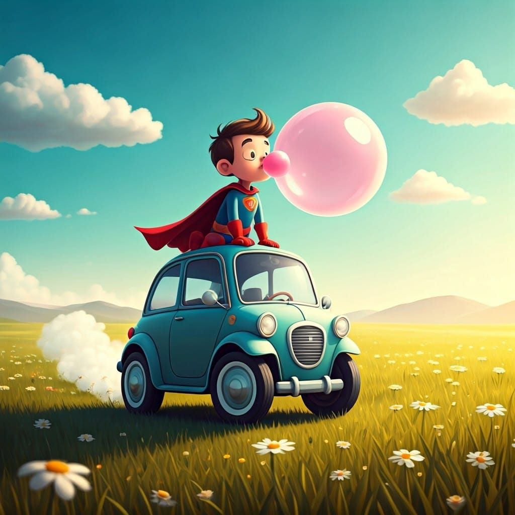 Vibrant Cartoon Car Speeds Across a Sun-Kissed Meadow