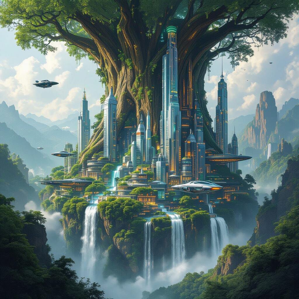 Futuristic Dieselpunk City Inside a Hollow Tree