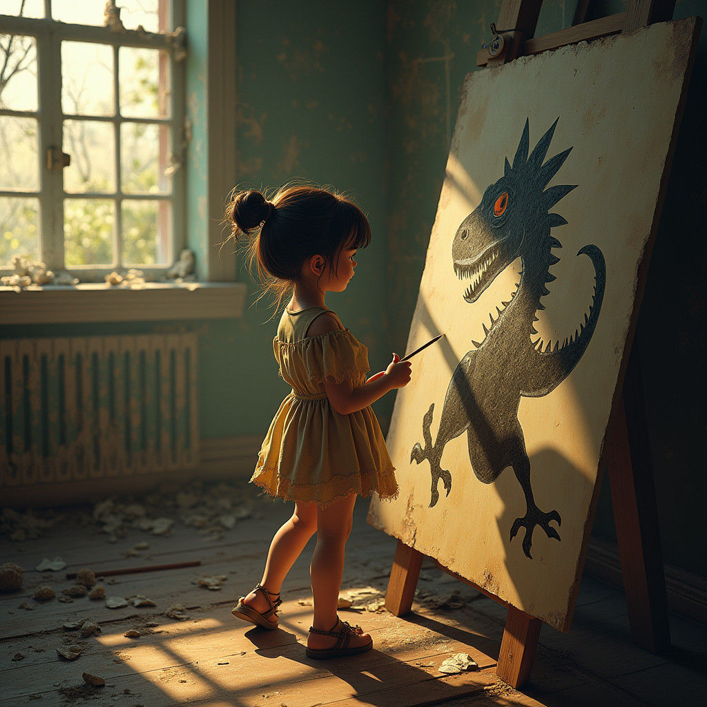 Girl Draws Dinosaur in Abandoned House, Matte Painting