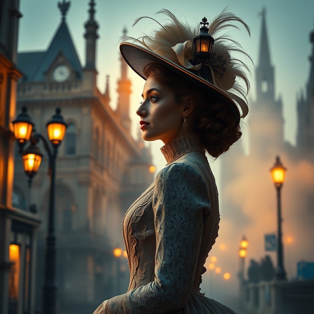 Elegant Victorian Lady in a Dreamlike London Scene