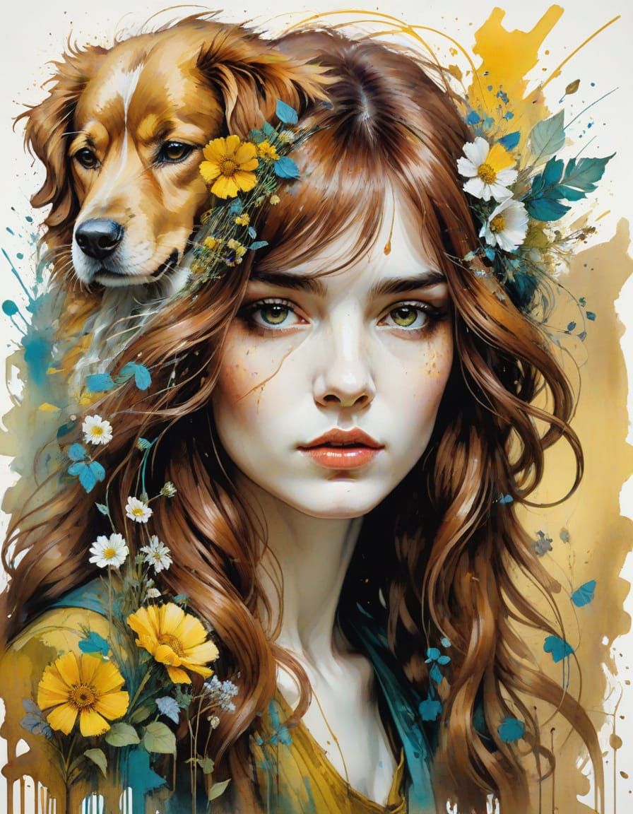 Sunny Meadow with Portrait of a Beautiful Woman in Warm Vint...