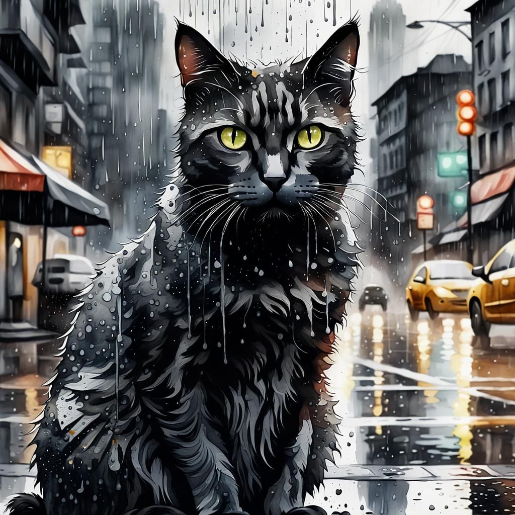 Sad Cat in Rainy City: Black and White Watercolor