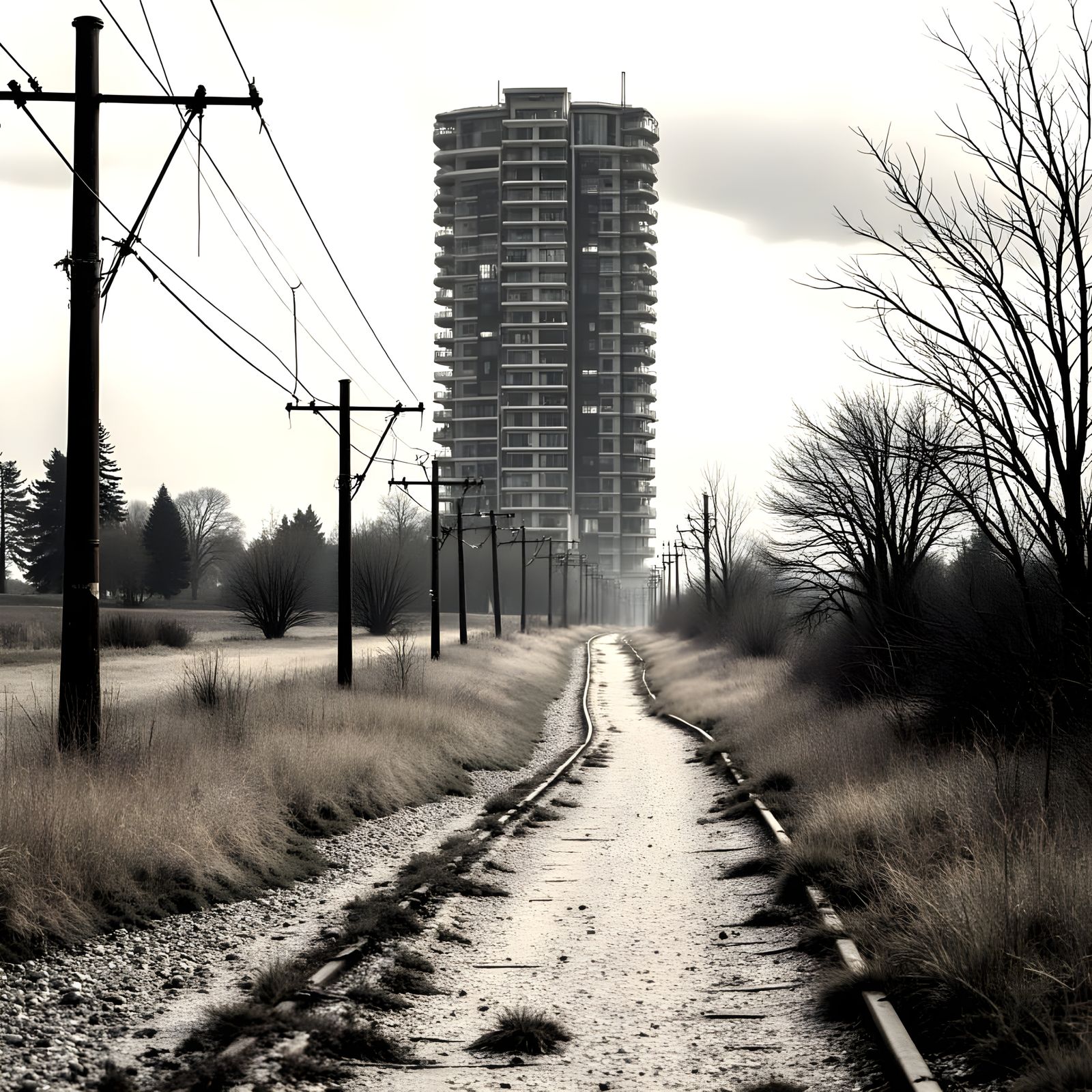 Retro-Style Railway Scene with Modern Apartment Building