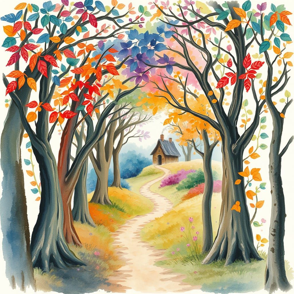 Dreamy Forest Tunnel in Watercolor Style
