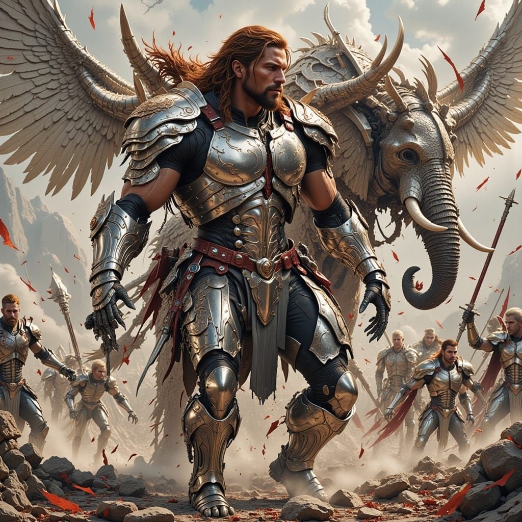 Armored Warrior on Elephant in Bloody Battlefield