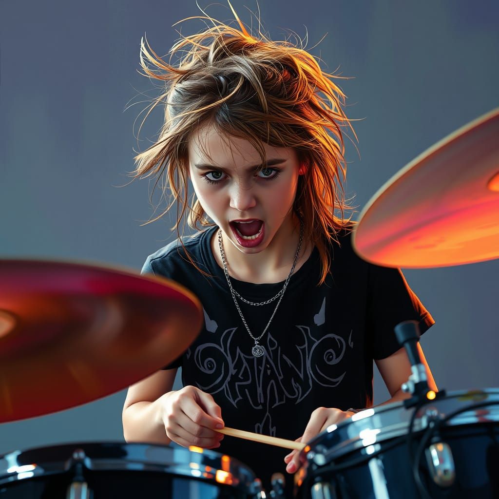 Passionate Teenage Drummer in Vibrant Lighting