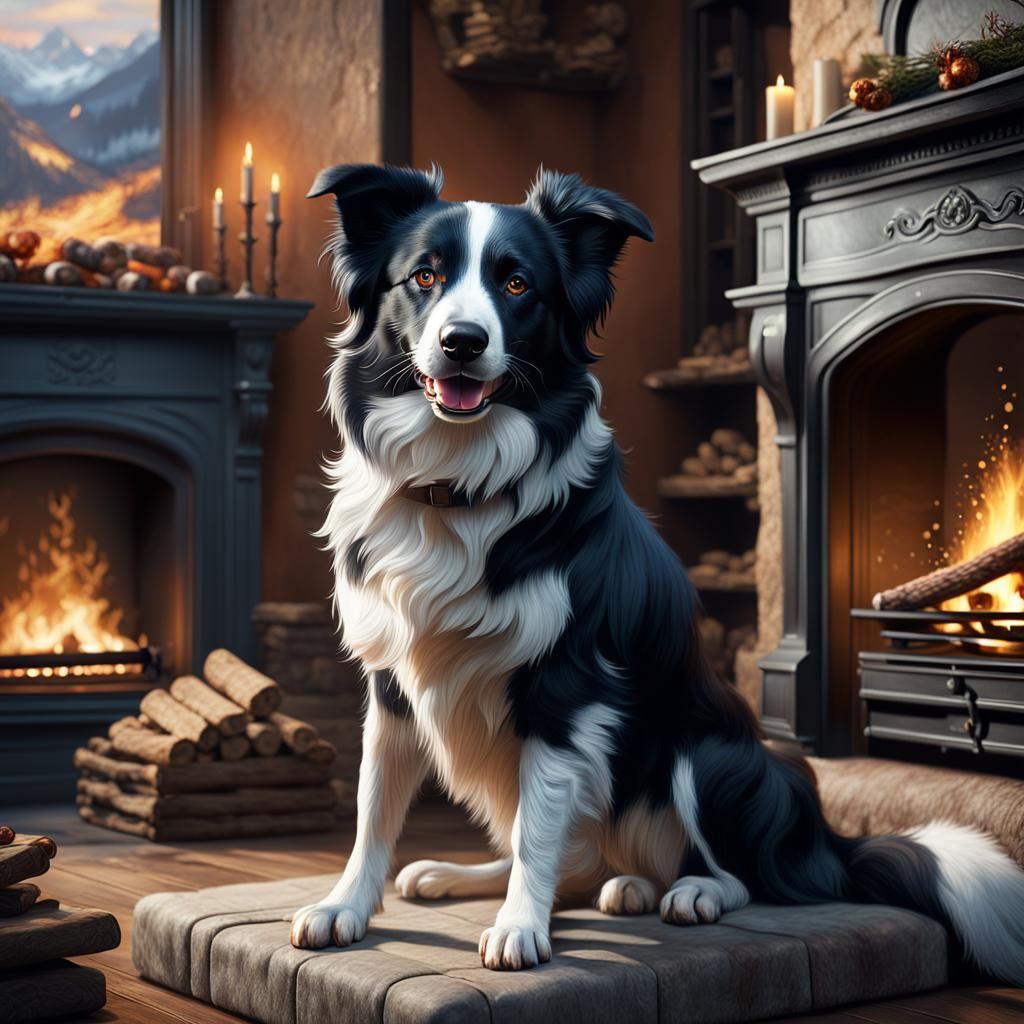 Border Collie near Fireplace: Detailed Matte Painting