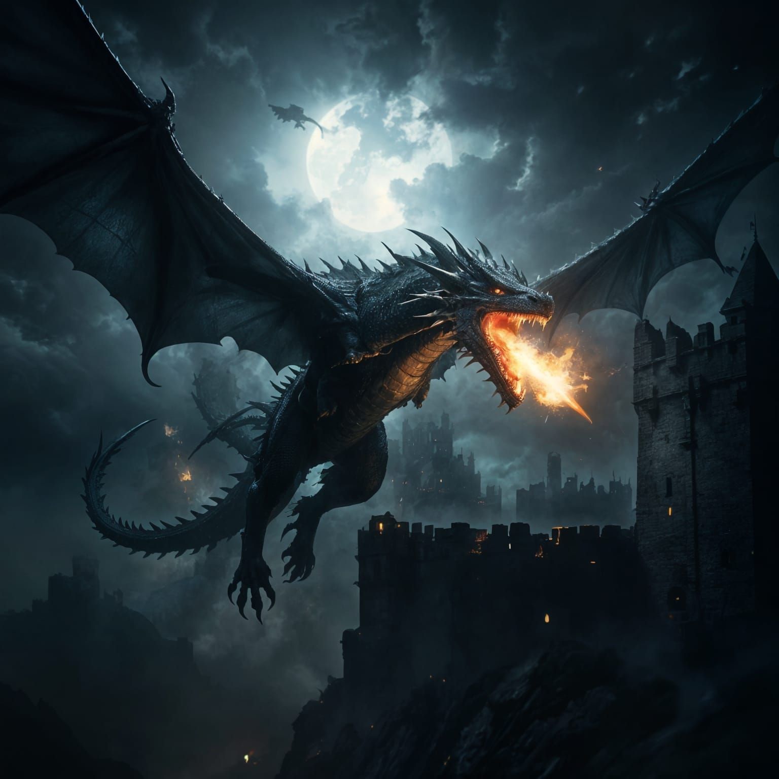 Dragon Soars Over Castle in Fiery Nighttime Flight