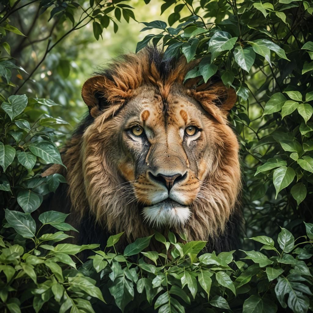 Captures the intense gaze of a lion partly hidden behind a l...