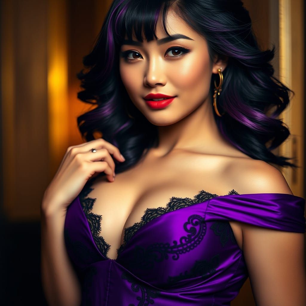 Confident Curvy Asian Beauty in Sultry Luxury Gown