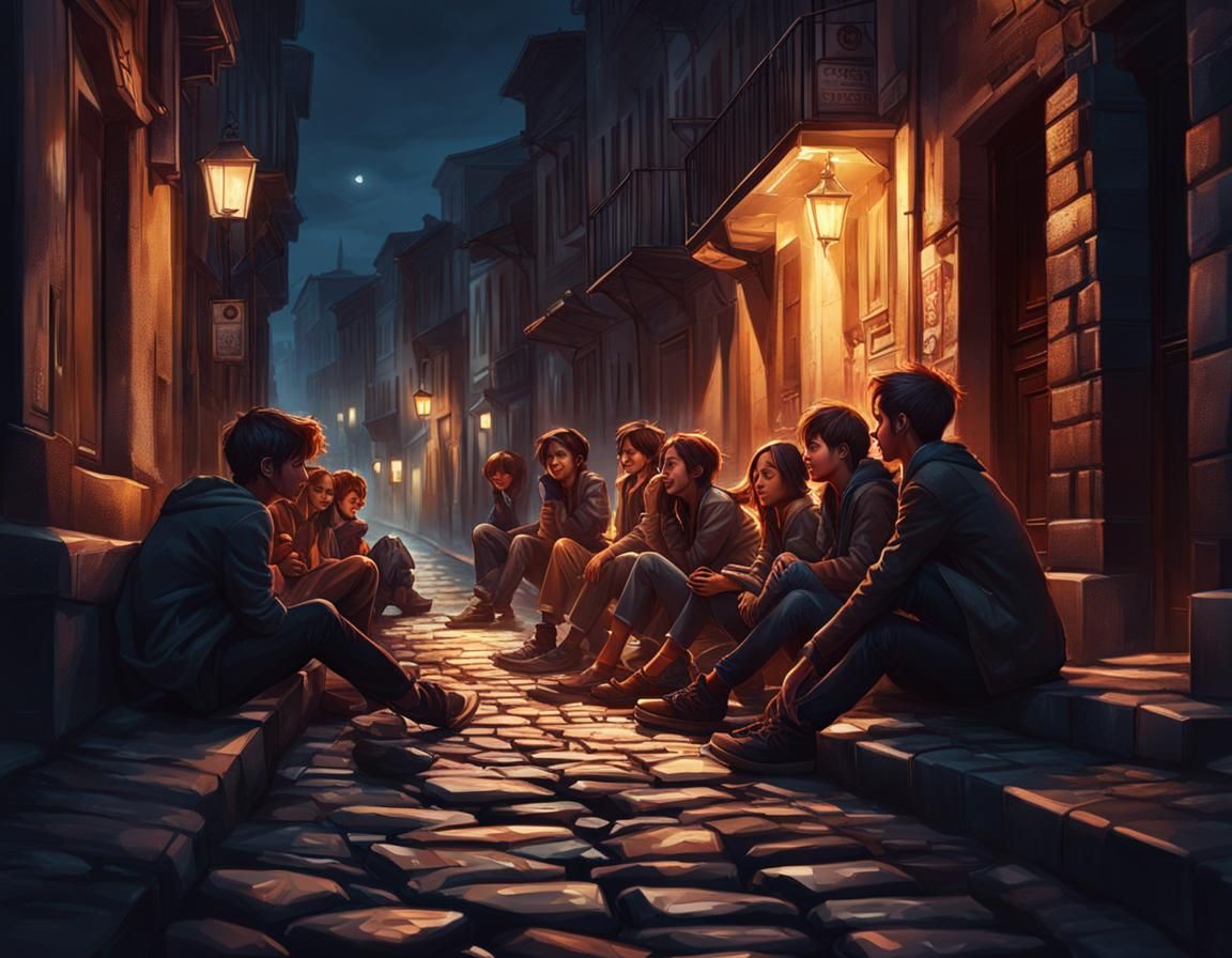 Children Laughing on Cobblestone Street at Night