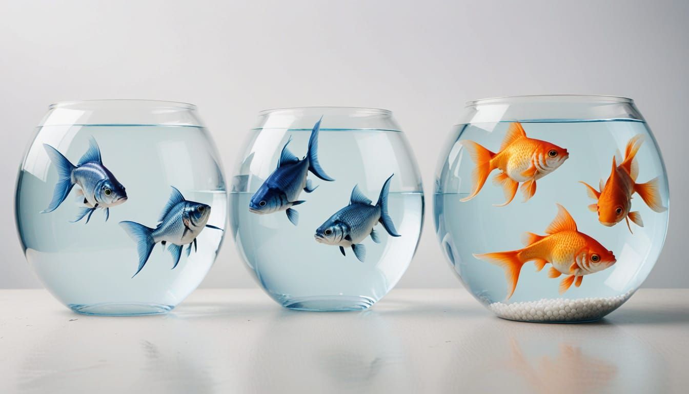 Aquatic Scene with Blue and Goldfish in Three Fish Bowls