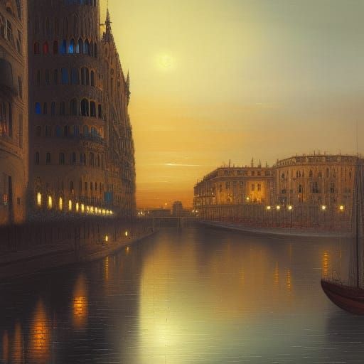 Barcelona Evening Lights in Detailed Digital Painting
