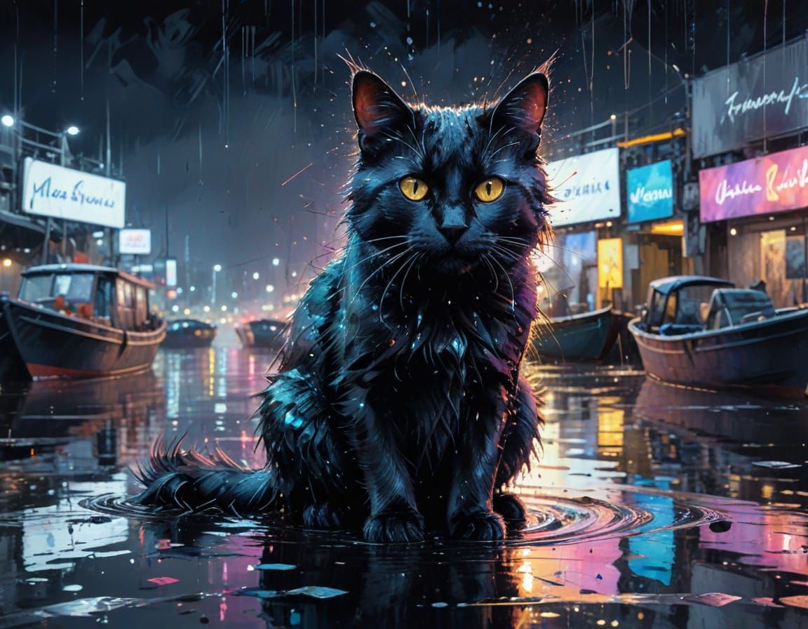 Neon Harbor at Monsoon Midnight in Watercolor Style