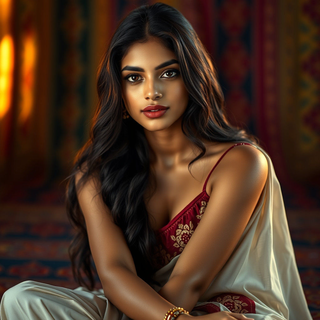 Contemplative Indian Woman Portrait in Hyperrealistic Style