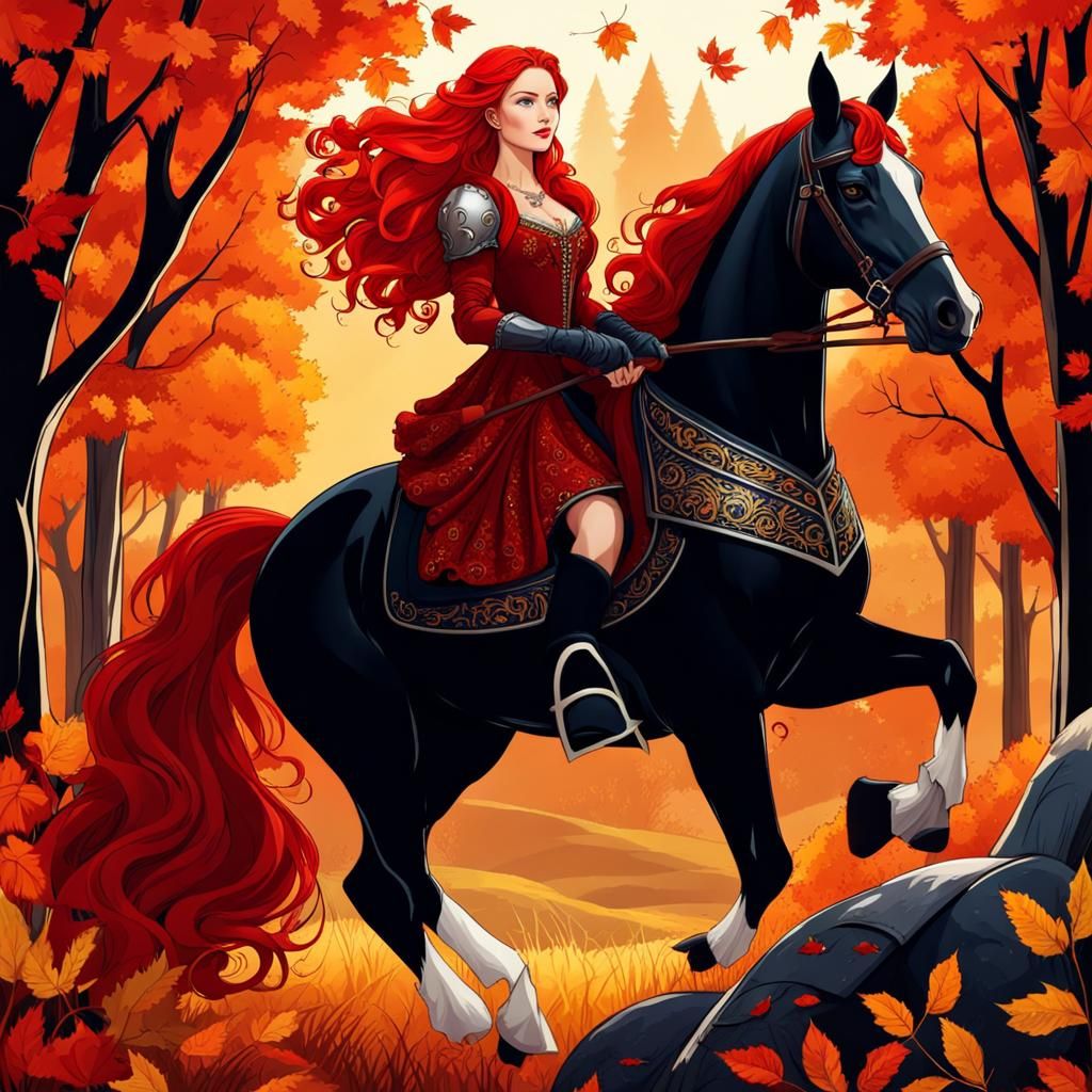 Bright, ultra red-haired, with freckles. the sun, the autumn forest, fantastic beauty. riding a red horse. curls. ultra-...