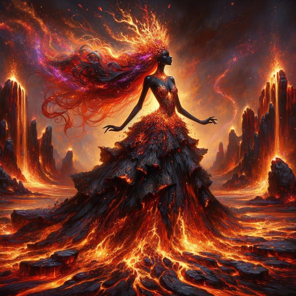 Regal Black Princess Reigns Amidst Volcanic Dreamscape