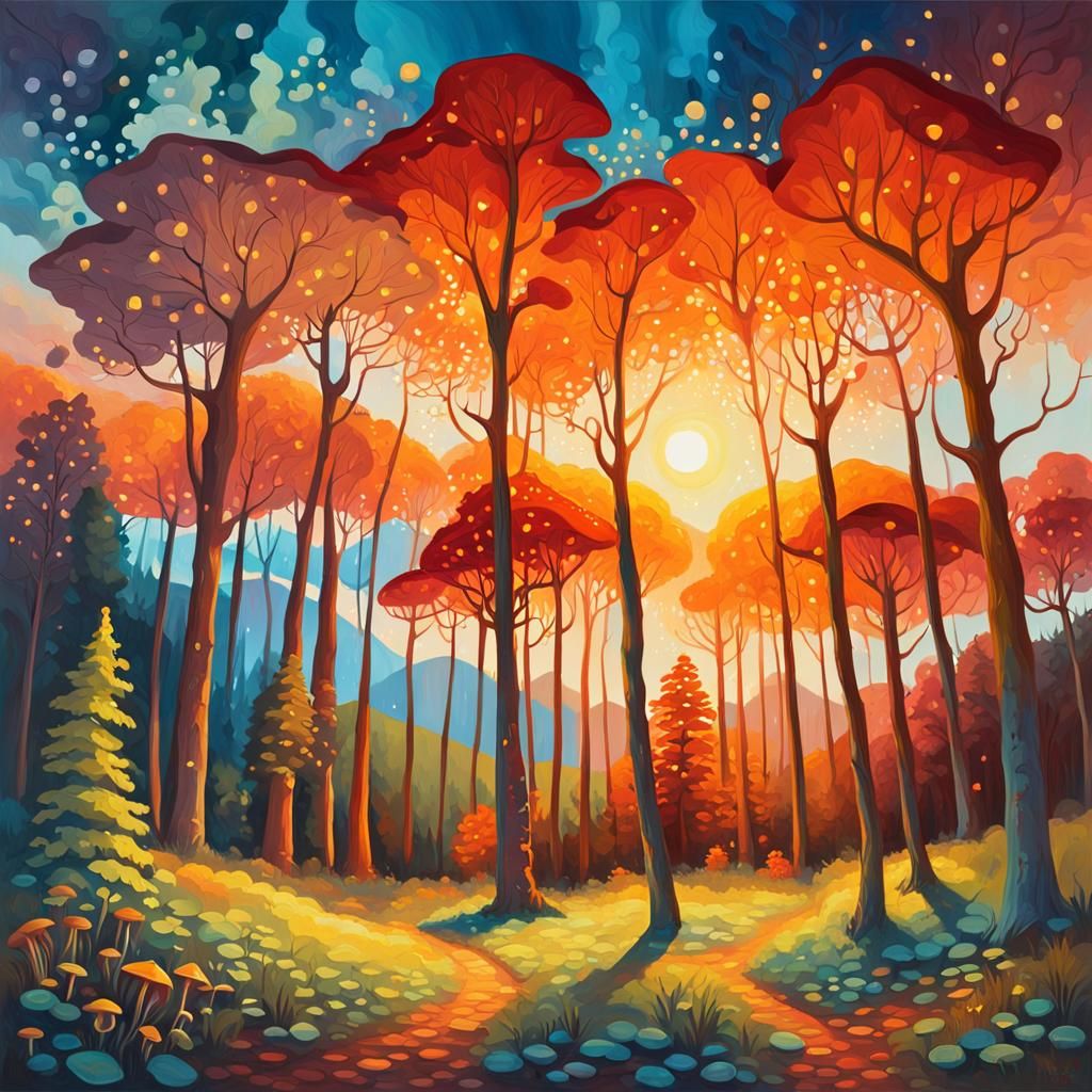 Mystical Forest Sunset: A Vibrant Oil Painting
