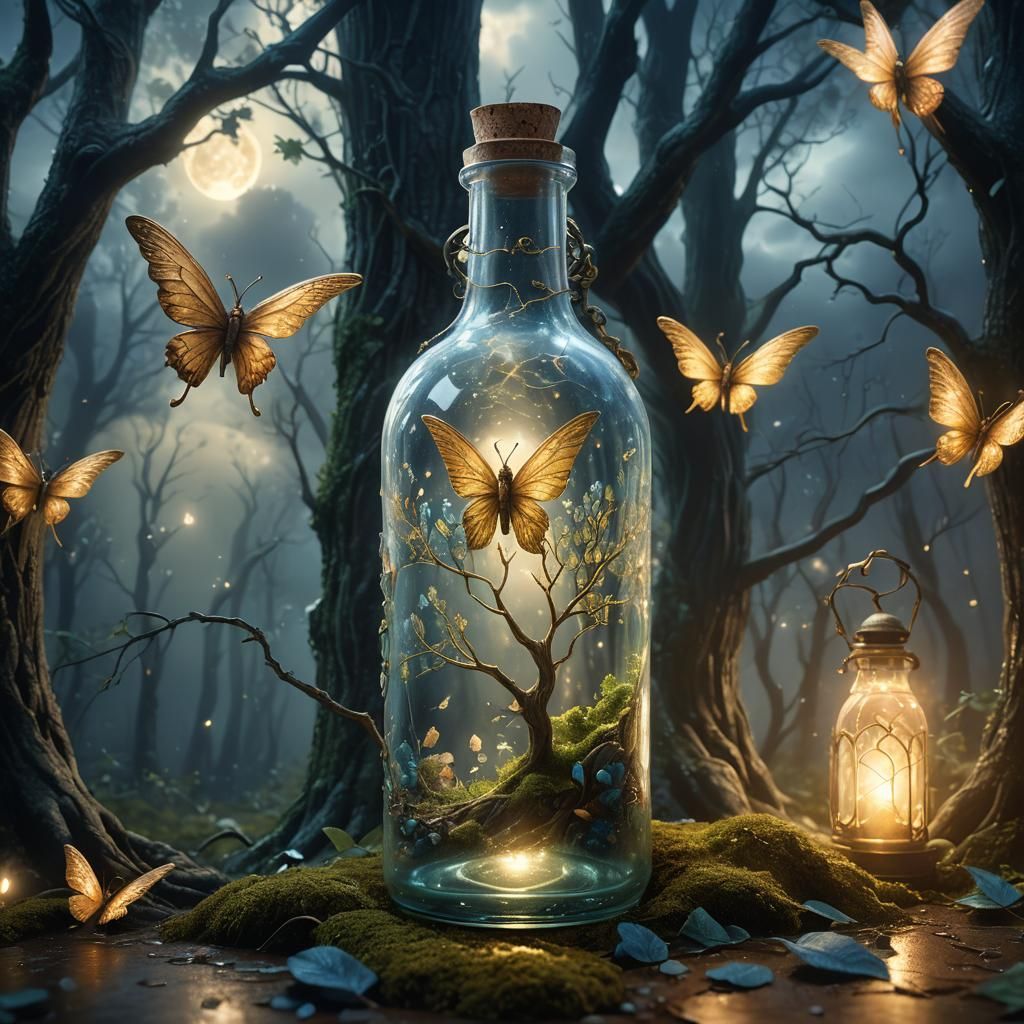 Magical Forest in Glass Bottle with Ethereal Glow