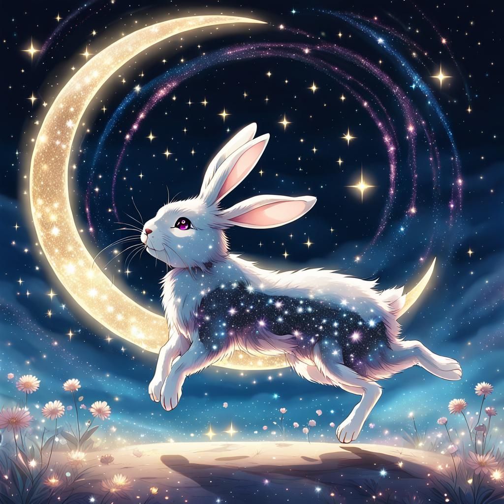 Sparkly Rabbit's Moonlit Dance in Anime Style