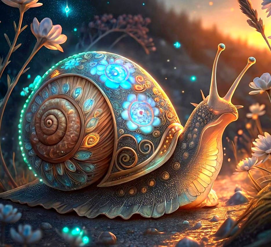 Surreal Filigree Snail in Opalescent Bloom