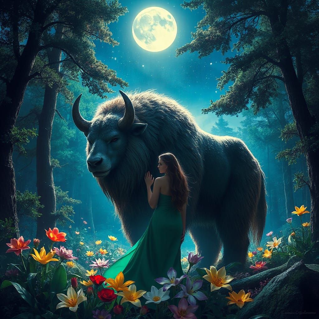 Gentle Beast Embraced by Woman in Moonlit Enchanted Forest